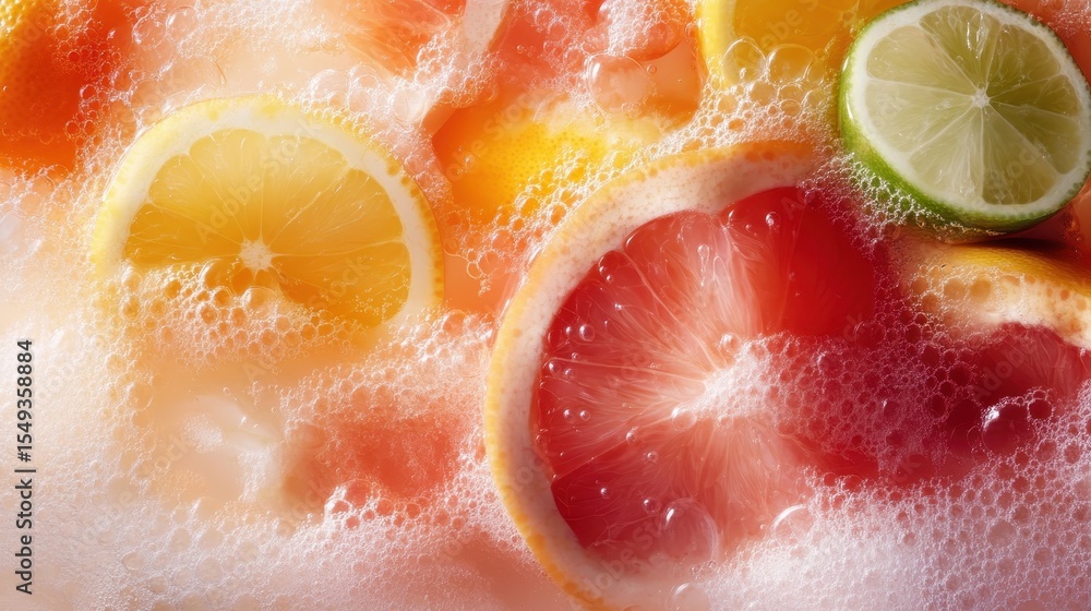 Poster a delightful underwater view of various citrus slices, including lemons and limes, creating a vibran