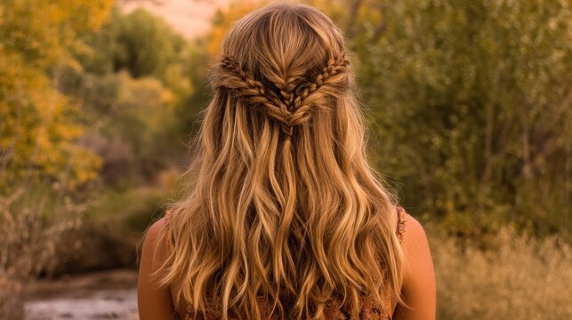 Boho half-up braid crown with loose beach waves and subtle gold highlights