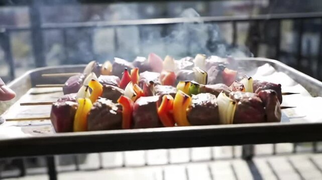 Delicious smoky grilled meat and vegetable skewers prepared outdoors on a sunny day