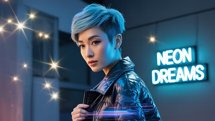 Stylish woman with vibrant blue hair, neon lights, urban scene.
