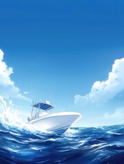 Bright Blue Sky with a Fast-Moving Motorboat Cutting Through Waves
