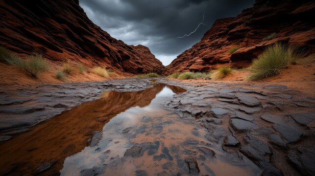 This stunning canyon landscape under dramatic storm clouds, featuring a reflective puddle and hints of lightning offers a powerful display of nature's raw beauty.