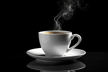 Obraz premium Steaming hot coffee in white cup saucer