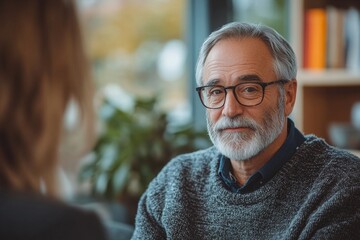 Senior man conversing in a depressed therapy session with a psychologist in the office, addressing mental health concerns., Generative AI