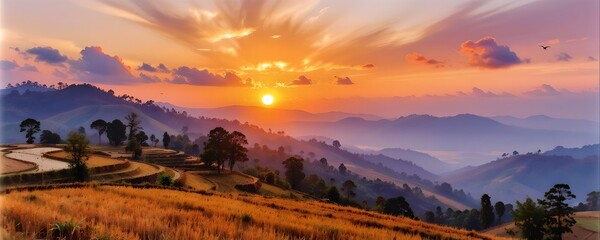 Stunning Sunset over Rolling Hills and Rice Terraces Scenic Landscape Photography