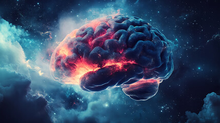 Illuminated Brain Floating in Cosmic Space