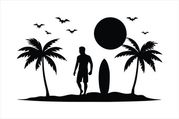 Surfer with Palm Trees Beach Silhouette - Tropical Surf Scene Vector