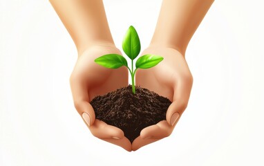 Hands holding soil with a growing plant, symbolizing environmental responsibility, isolated on white background