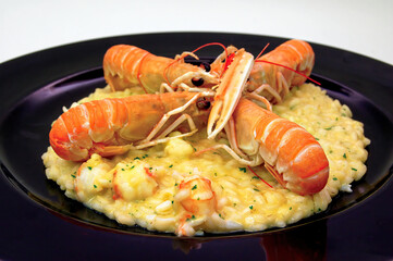 Delicious seafood risotto with Norway lobster tails decorating a black plate