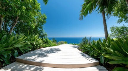 Fototapeta premium A stunning tropical pathway winds through lush greenery, offering a captivating view of the ocean, inviting viewers to embrace exploration and connection with nature.