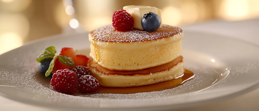 Stack of Fluffy Pancakes Topped with Berries and Syrup