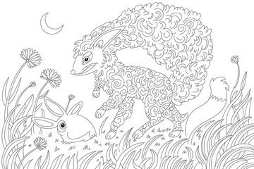 Obraz premium Fox and rabbit in a field under the moon. Intricate design. 