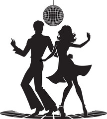Silhouettes of dancers captured gracefully in motion, illuminated by glamorous disco lights under a retro-themed setting, showcasing the joy of movement