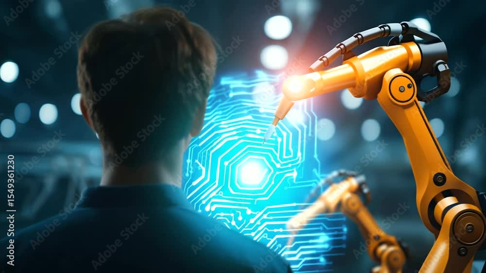 Poster engineer operating advanced robotic arms in a high-tech manufacturing setting.