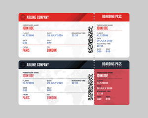 Obraz premium Two airline boarding passes featuring passenger John Doe, flight KL123990, date July 20, 2020, boarding time 22:35, gate G20, seat B10, and route from Paris to London.