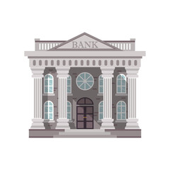 A flat vector illustration depicts a financial institution building, showcasing prominent columns, arched windows, and a central doorway, all rendered in a muted color palette.