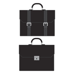 A stark white background showcases two black briefcases. One has straps and buckles, while the other features a silver lock, both exuding business style.