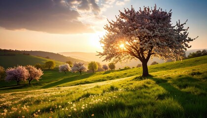 Fototapeta premium Breathtaking sunrise over blossoming cherry trees in rolling hills nature landscape photography scenic viewpoint serene environment
