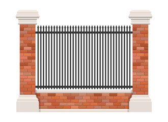 A decorative fence featuring brick pillars topped with white caps, a brick base, and wrought iron spikes providing security and enhancing curb appeal. Isolated white background.