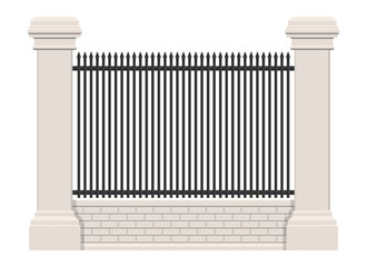 Illustration of an iron fence made of vertical rods terminating in spear points. It sits atop a brick base between two decorative stone columns. Isolated on white.