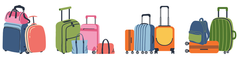 Colorful travel bags. Luggage on wheels for traveling. Modern suitcases with handle. Backpack for traveler. Vacation bags. Set of flat vector illustrations isolated on white background.