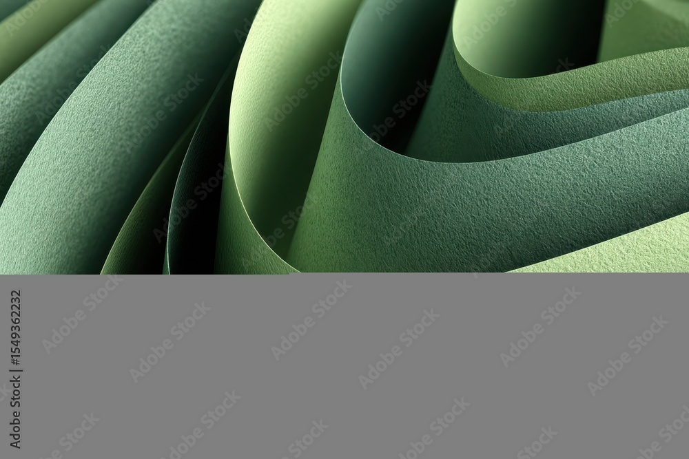 Poster Abstract macro shot of curving green and tan paper forming spiral shape showing shadow and light creating visual texture