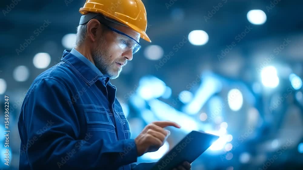 Poster engineer operating advanced robotic arms in a high-tech manufacturing environment.