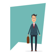 Illustration of a cartoon businessman wearing glasses, a suit, and tie while holding a briefcase. He stands against a simple, light-blue backdrop, embodying professionalism.