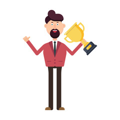 A flat vector illustration showing a cheerful cartoon man in a suit holding a golden trophy, symbolizing success and achievement in a minimalistic design against a clean backdrop.