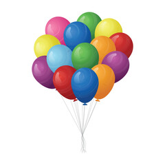 A bunch of vibrant, colorful balloons are tied together with thin strings. They appear to be floating upwards against a clean, white background, creating a celebratory feel.
