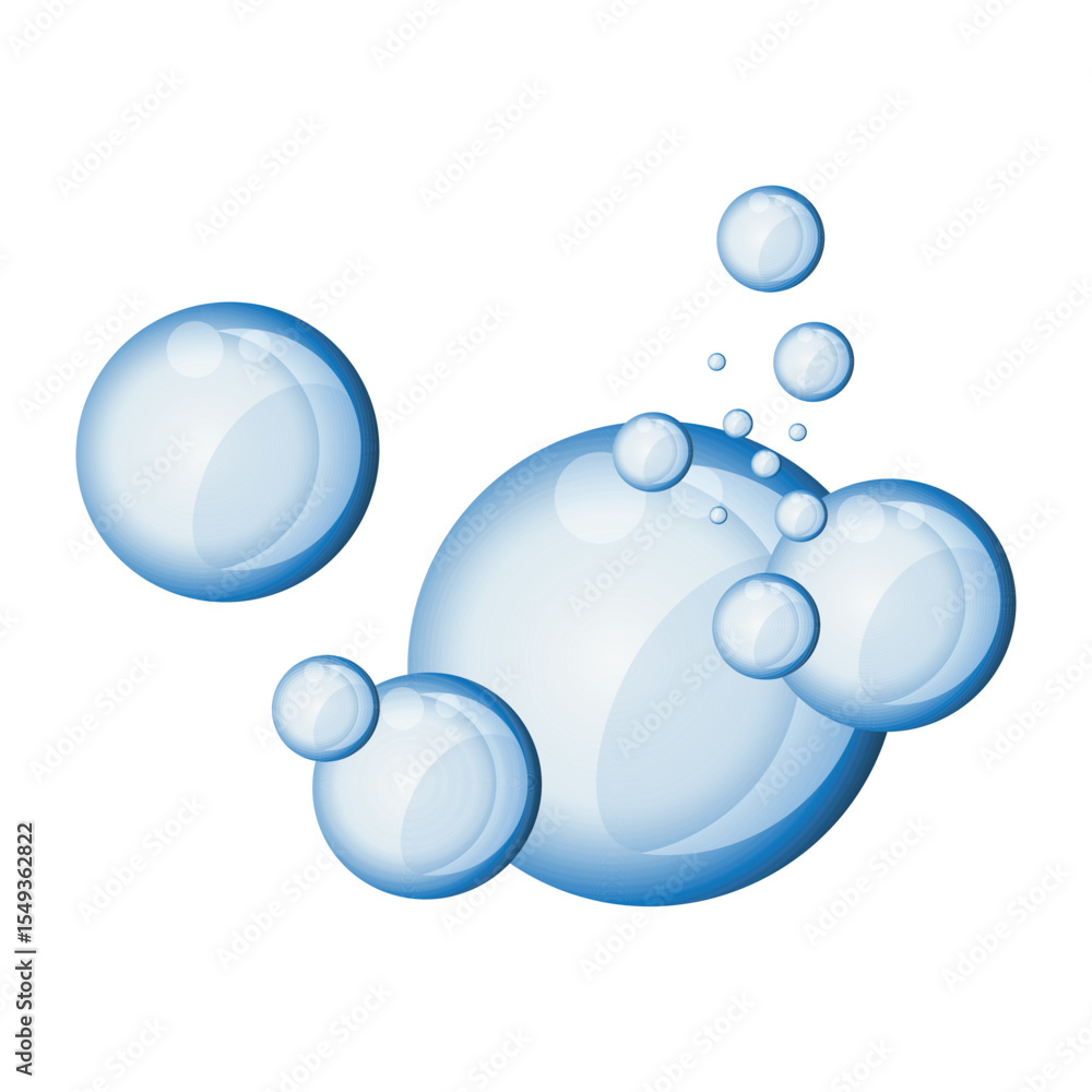 Poster a group of clear blue translucent bubbles of various sizes float on a white background. the bubbles 