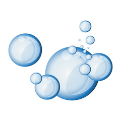 A group of clear blue translucent bubbles of various sizes float on a white background. The bubbles overlap, creating depth and highlights on their surfaces.