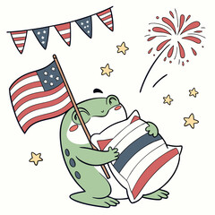 Playful Joyful Frog design, styled with hugging a pillow and Patriotic Spark shades in a Independence Day (4th of July) setting