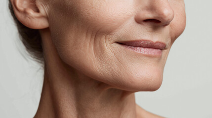 Fototapeta premium Close up of lower cheek and jawline showing natural skin texture and wrinkles on mature skin with gentle smile expressing calmness and confidence