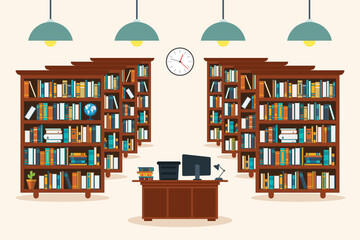 A cozy study room is filled with bookshelves with books, a desk with a computer, a lamp, a clock, and lights creating an inviting atmosphere for study and research. © Creativeclipcloud