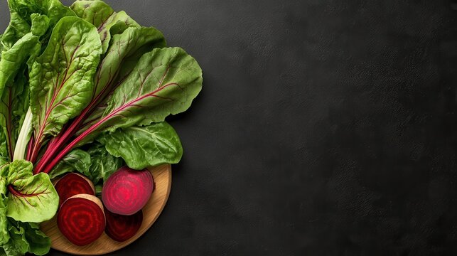 A vibrant arrangement of fresh beet greens alongside sliced beets on a wooden plate presents a healthy and colorful visual, showcasing the beauty of organic produce in culinary arts. - Powered by Adobe