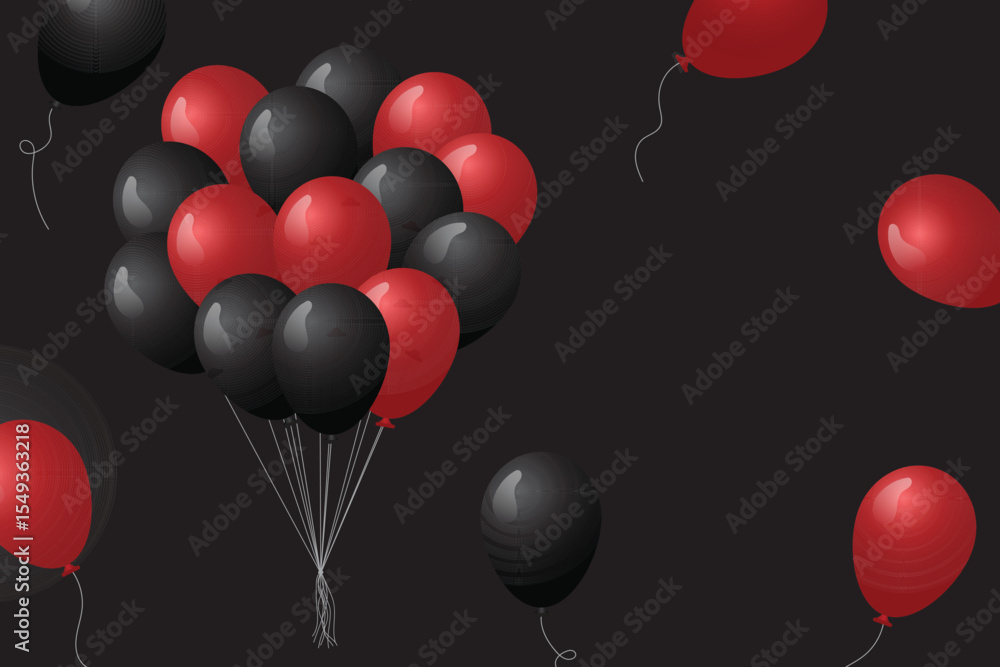 Poster a bunch of black and red balloons are set against a solid black background, creating a visually stri