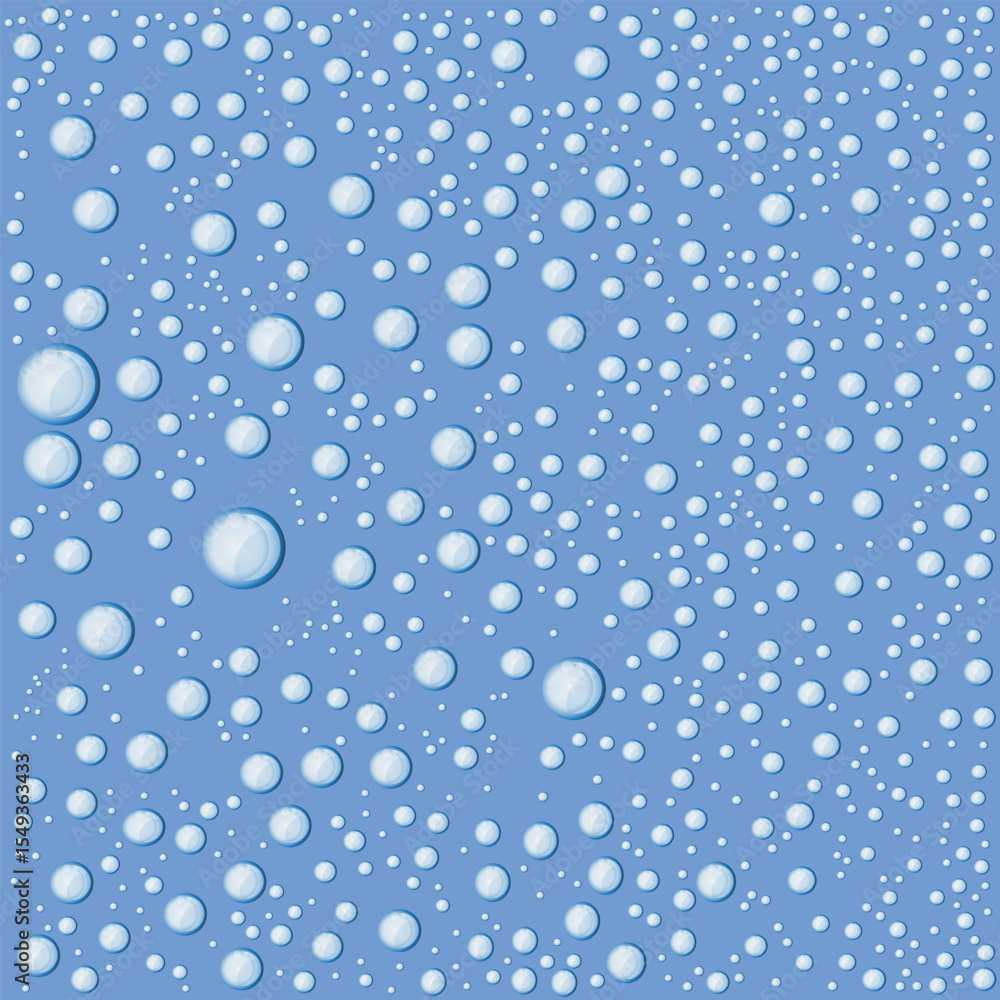 Poster a light blue surface densely populated with a variety of water droplets in different sizes. the drop