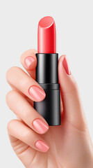 Obraz premium Elegant close-up of a hand gracefully presenting an opened lipstick. The lipstick has a sophisticated matte black casing, red cherry shade, product's design.