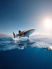 Fototapeta premium A majestic whale shark breaching the ocean surface, captured with stunning clarity. Half underwater view. Represents power, freedom, and the beauty of marine life. Ideal for nature or travel themes.