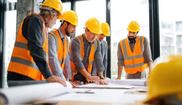 Construction team in hard hats and safety vests meticulously reviewing building plans together. - Powered by Adobe