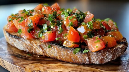 An appetizing plate of bruschetta topped with diced fresh tomatoes, herbs, and garlic, offers a delightful glimpse into Mediterranean cuisine and its vibrant flavors.