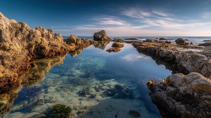Cluster of rocky tide pools filled with clear water reflecting sky on a softly blurred coastal rock field under soft light