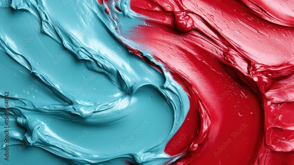 Poster a vibrant display of red and blue paint swirling together, showcasing a dynamic and abstract interpl