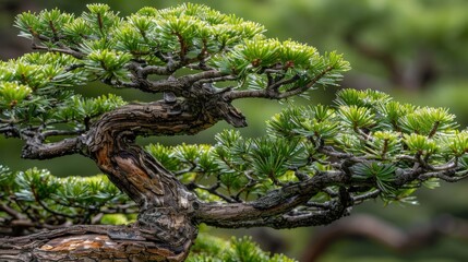 A beautifully contorted bonsai tree showcasing intricate green foliage and twisting branches, reflecting nature's artistry and the philosophy of patience and care in cultivation.