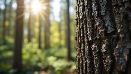 Fototapeta premium Sunlight shines through the lush green forest with the textured tree bark in focus