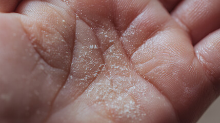 Fototapeta premium Dry skin on hand closeup with visible flakes and rough texture showing signs of irritation and dryness in detailed extreme macro shot