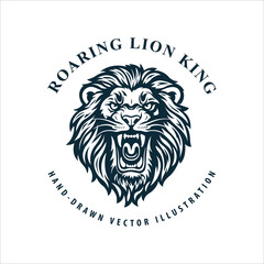 Roaring lion king in detailed hand-drawn vector style. Black and white illustration with bold lines, ideal for tattoos, logos, heraldic emblems, aggressive branding or wildlife-themed designs. Part of