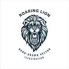 Monochrome roaring lion head in hand-drawn vintage style. Bold vector illustration ideal for tattoos, logos, emblems, branding, heraldry, or aggressive animal-themed designs. Part of lion head set.