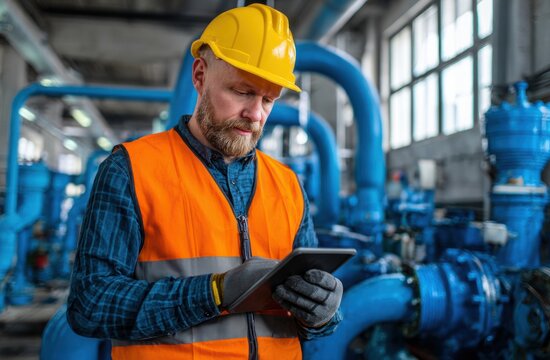 Dedicated engineer in safety gear uses a digital tablet to manage operations within a modern industrial facility.
